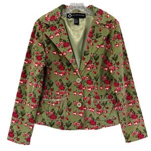 Vintage Inspired Rose Floral Green‎ Corduroy Blazer Jacket Sz M Retro Girl Boss